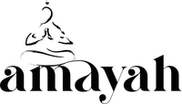 Amayah brand logo featuring a stylized figure in a meditation pose above the text.