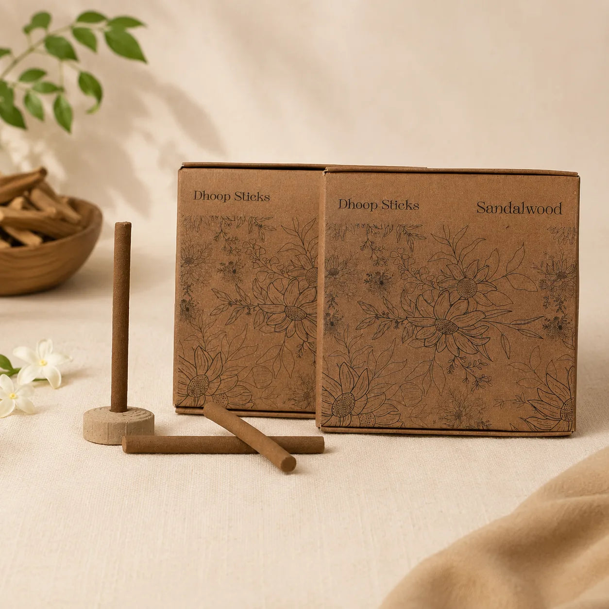 sandalwood dhoop sticks with floral line art, alongside several wooden dhoop sticks on a neutral fabric surface with soft decorative props.