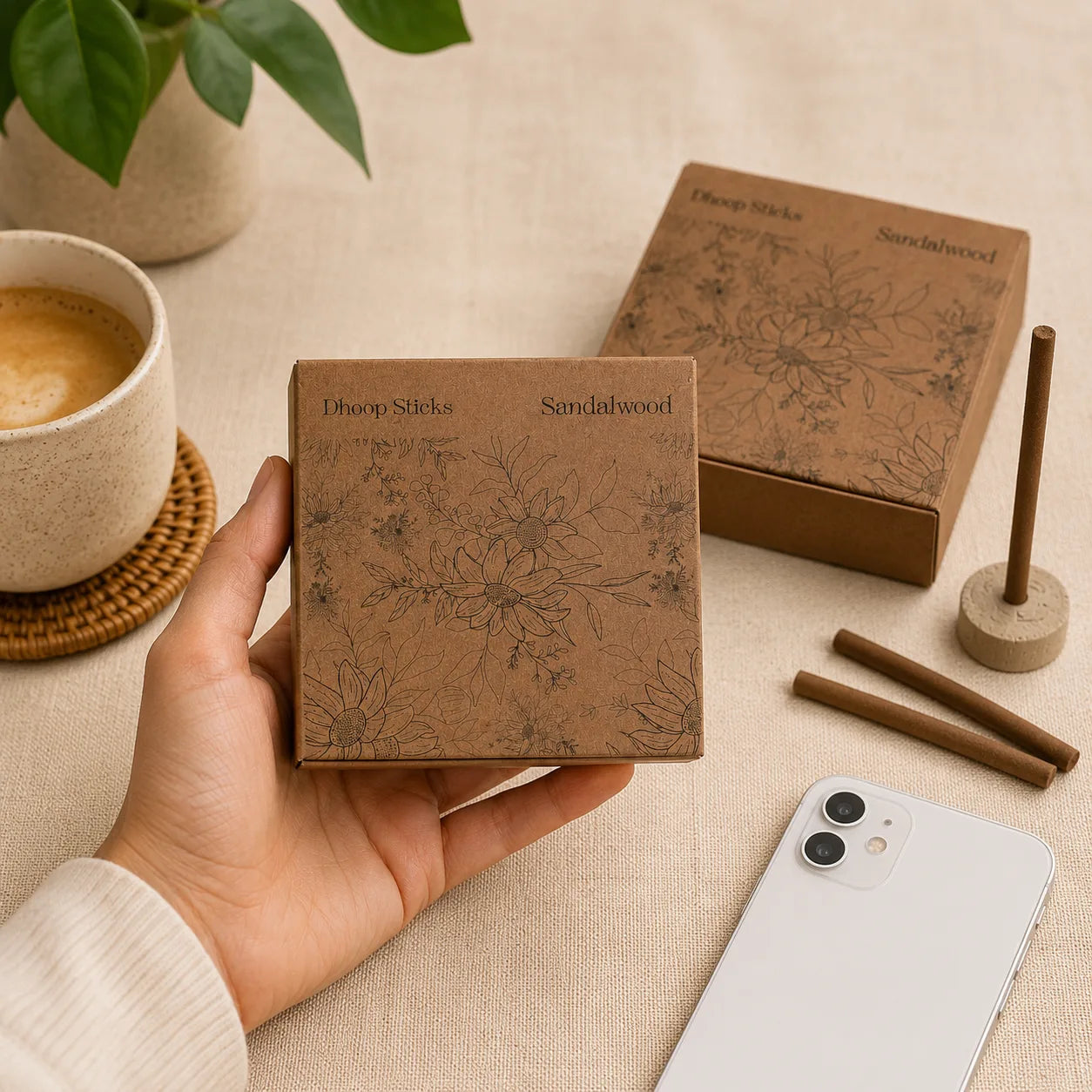 chandan dhoop sticks in a hand in a styled tabletop scene with a coffee cup, plant leaves, a smartphone, and additional boxes and sticks on a beige fabric surface
