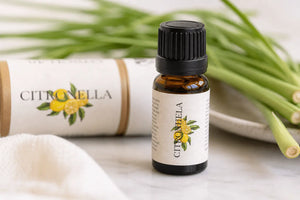 Citronella essential oil bottle with Citronella branded product in the background