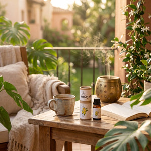 Outdoor setting with a wooden table, mug, and books on a balcony with plants.