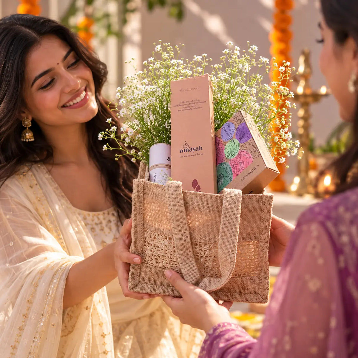 Amayah Diwali Sacred Bag gift hamper in a reusable jute bag, styled for festive Diwali gifting.
