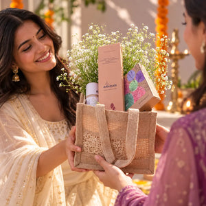 Amayah Diwali Sacred Bag gift hamper in a reusable jute bag, styled for festive Diwali gifting.