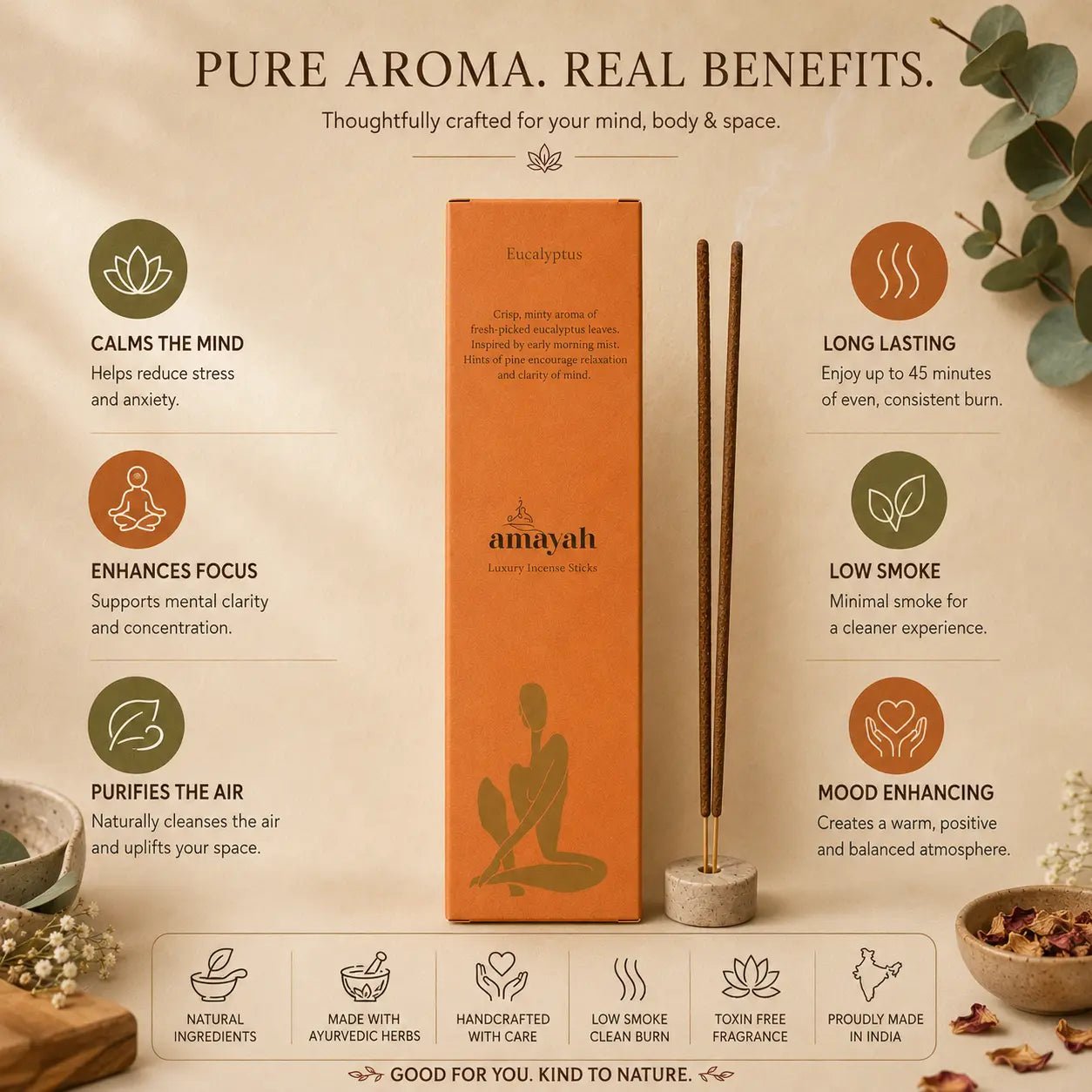 Eucalyptus Incense Sticks - Refreshing Air Cleansing Aromatherapy - Amayah