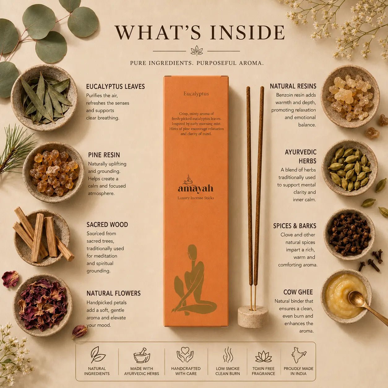 Eucalyptus Incense Sticks - Refreshing Air Cleansing Aromatherapy - Amayah