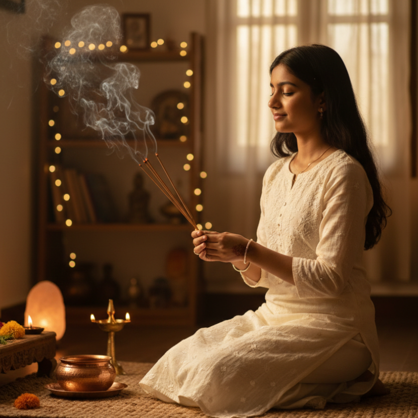 indian girl lighting incense at home for positive vibes. soft glow ambience