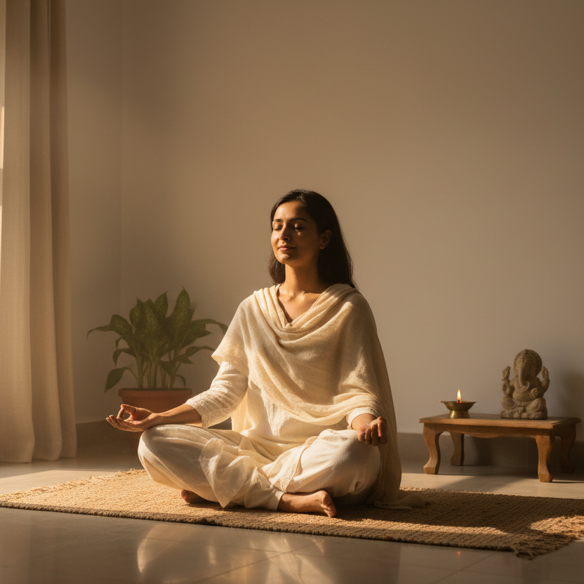 indian girl sitting calmly and meditation in her home. soft sun rays coming in from the window