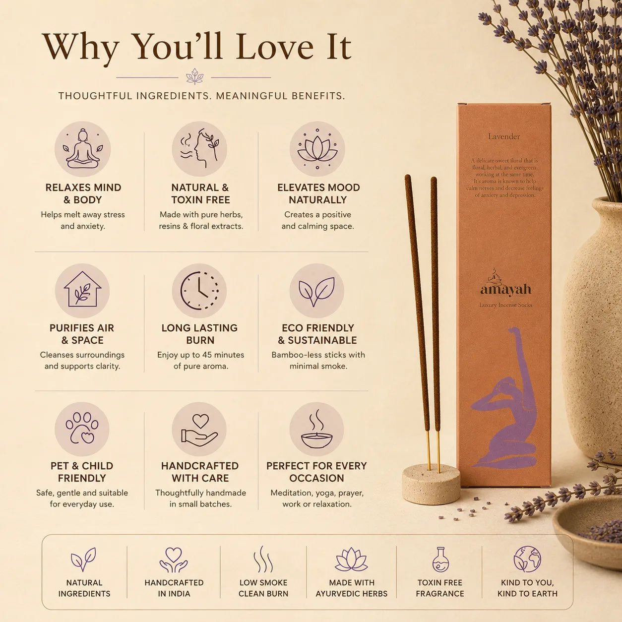 Lavender Incense Sticks - Soothing Aromatherapy for Calm & Sleep - Amayah