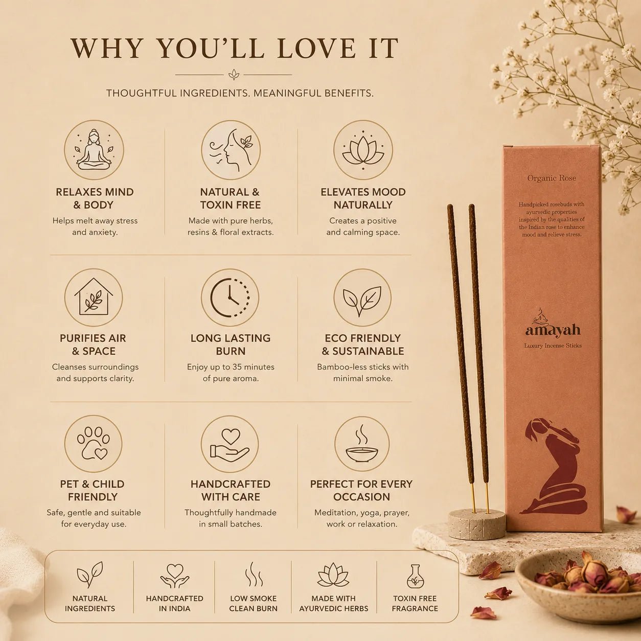 Organic Rose Incense Sticks - Indian Rose for Aromatherapy & Mood Boosting - Amayah