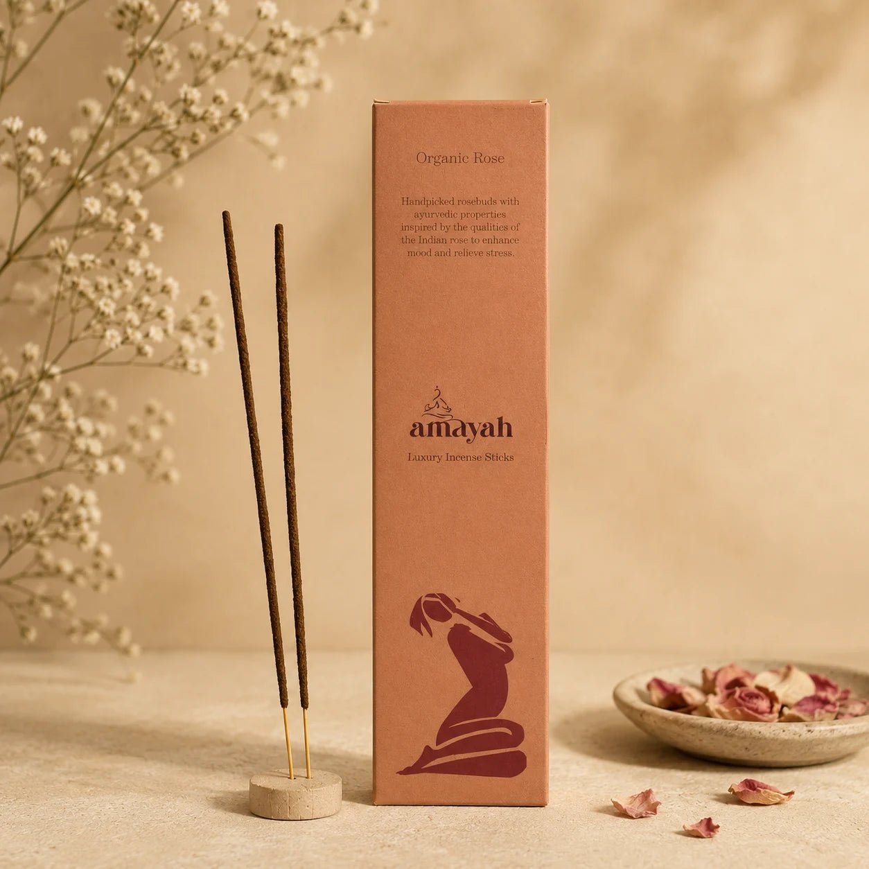 Organic Rose Incense Sticks - Indian Rose for Aromatherapy & Mood Boosting - Amayah