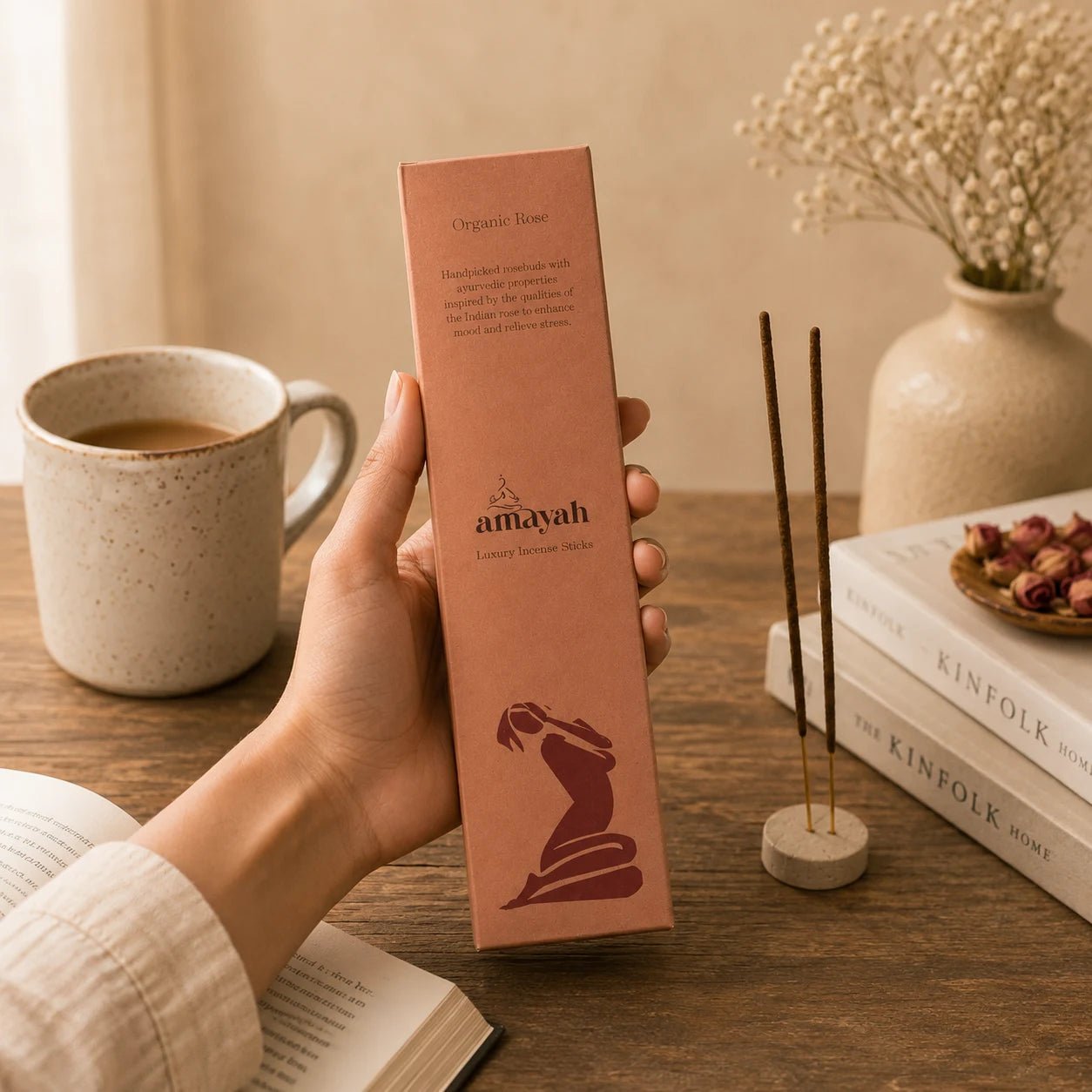 Organic Rose Incense Sticks - Indian Rose for Aromatherapy & Mood Boosting - Amayah