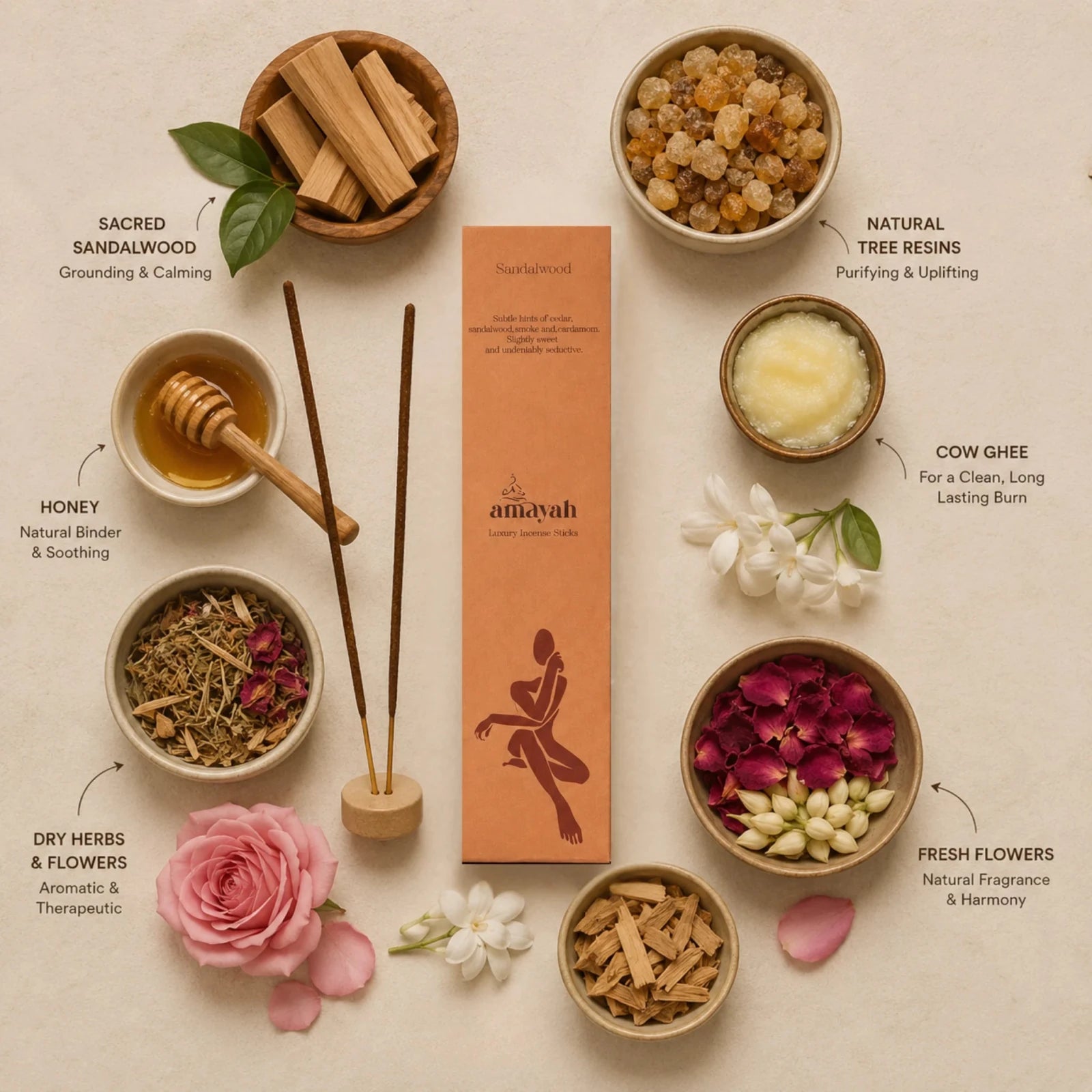 Sandalwood Incense Sticks - Natural Incense for Yoga, Meditation & Calm - Amayah